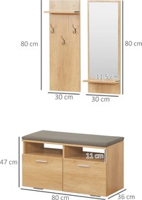 HOMCOM Előszoba Szett Hall Tree 3 az 1-ben, 1 Tükör Polccal, 1 Kabátakasztó Polccal, 1 Cipőpad PU párnával | Aosom