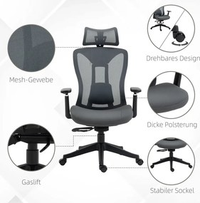 Vinsetto Ergonomikus irodai szék, 135-os dőlésszög, állítható magasság 3D, szürke