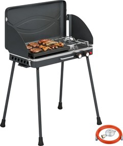 Outsunny hordozható 2-égős gázgrill – 2 az 1-ben asztali és állványos, 20 000 BTU (kb. 5,9 kW), összecsukható lábak, tapadásmentes sütőlap, szélfogó é