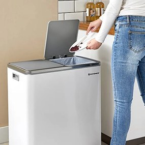 SONGMICS dupla szemetes, fém szelektív hulladékgyűjtő 15 szemeteszsákkal, 2 × 30 L, fehér–szürke