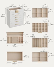 Üveglapos ékszerdoboz, 6 szintes, 5 fiókos, modern stílusban, fehér-arany