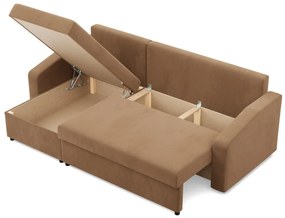 Zeus sarokkanapé, 2 ágyneműtartóval, döntött kartámasz, szövet anyag, univerzális oldal, bonell töltet, barna