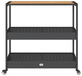 3 szintes fekete polyrattan és tömör akácfa zsúrkocsi