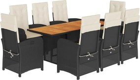 vidaXL 9 részes fekete polyrattan kerti étkezőgarnitúra párnákkal