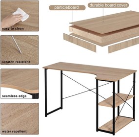 Intenso Home L alakú sarok íróasztal / számítógépasztal polcokkal 120x73cm | Masszív fém váz, fekete - Sonoma tölgy szín