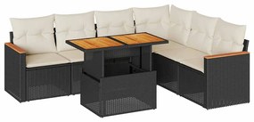 vidaXL 7 részes fekete polyrattan akácfa kerti ülőgarnitúra párnával