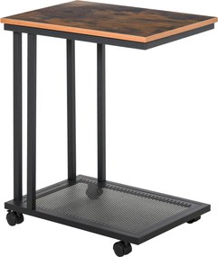 HOMCOM C-Formájú Oldalsó Asztal Görgős Kocsi Tálalóasztal Laptop Asztal Kávézóasztal Éjjeli Szekrény Fémkerettel Ipari Dizájn Fekete + Dió Mintázat 51