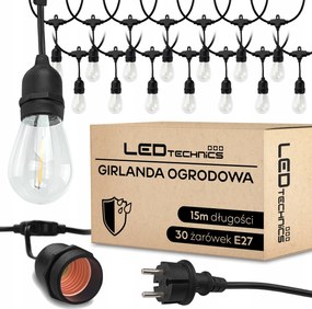 Kültéri Kerti Fényfüzér 15m Izzó 30x E27 Led Lámpa