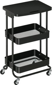 HOMCOM 3-Tier Konyhai Kocsi Kerekekkel Tároló Trolley Fékezhető Fürdőszobába, Nappaliba, Hálószobába, Irodába 46x34.5x76.5 cm Fekete | Aosom