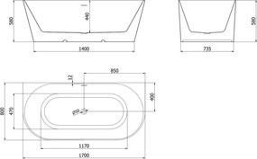 Mexen Oval Slim szabadon álló fali kád 170 x 80 cm, fehér, fehér túlfolyó - 52661708000-20