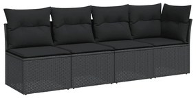 4 személyes fekete polyrattan kerti kanapé párnával