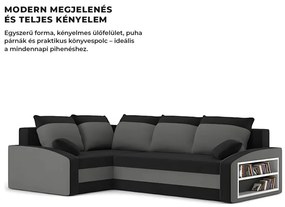 Grande sarokkanapé polcokkal , polc a jobb karfaban, baloldali, szövet anyag, hab töltet, fekete - szürke