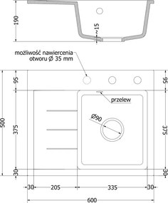 Mexen Ben gránit mosogató 1-medencés csepegtetővel, jobb oldal 600 x 500 mm, fehér, krómozott szifon - 6523605000-20