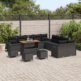 13 Darabos Kert Sofa Szett Párnákkal Fekete Poli Rattan Akác, 2-Fős Kert Sofa Tárolóval &amp; Párnákkal Fekete Poli Rattan, 3 Darabos Kerti Étkezős Szett Párnákkal Fekete Poli Rattan Akác