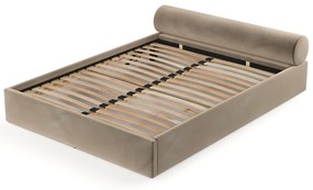 Világosbarna kárpitozott ágyneműtartós franciaágy ágyráccsal 160x200 cm Solvo – Maison de Rêve