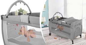 Utazóágy pelenkázó lappal és játékhíddal, szürke