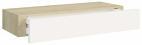 tölgyszínű és fehér MDF fiókos fali polc 60 x 23,5 x 10 cm