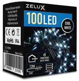 Zelux karácsonyi világítás, fényfűzér, 100 led, fehér, 12m