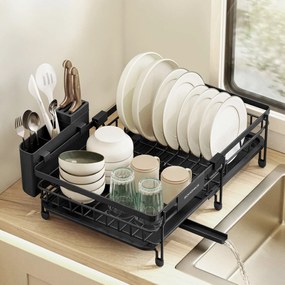 SONGMICS edényszárító állvány, kihúzható mosogató szárító, 360° vízelvezetés, tintafekete