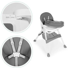 Gyerek etetőszék tálcával és kosárral 5 pontos biztonsági övvel szürke