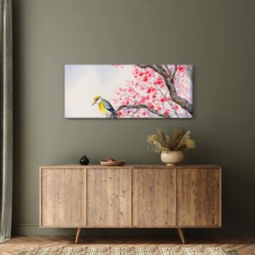 Kép - Madár egy fán, piros virágokkal (120x50 cm)