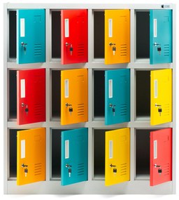 Fém öltözőszekrény, 12 rekeszes OLA, 1090 x 1200 x 450 mm, szürke-többszínű