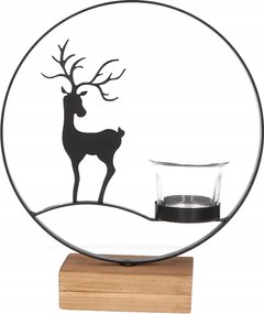 Fekete szarvas alakú gyertyatartó fa alappal, 24 cm