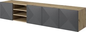 Asha függesztett TV szekrény 200 cm riflázott frontokkal, nyitott fülkével – artisan tölgy / rivier stone matt