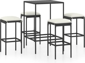 vidaXL 5 részes fekete polyrattan kerti bárszett párnákkal