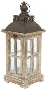 Fából készült fa keretes üvegezett fém fedelű lantern lámpás akasztóval 45x15,5x15,5cm