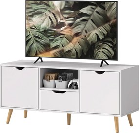 HOMCOM Modern TV Állvány 50"-ig Fiókkal, Nyitott Polccal és 2 Szekrénnyel, 5 Fenyőfa Lábbal, 110x40x50 cm, Fehér | Aosom