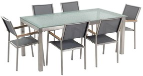 Hatszemélyes étkezőasztal üveglappal és szürke textilén székekkel GROSSETO Beliani