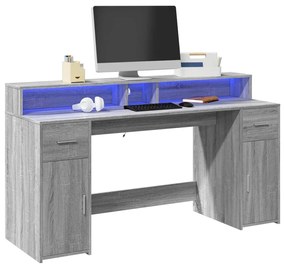 szürke sonoma színű szerelt fa íróasztal LED-ekkel 160x55x91 cm