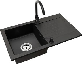 Gránit mosogató szifonnal és csepegtető felülettel, univerzális, fekete, 75,2x43,6, NOEL