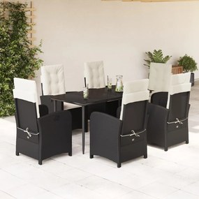 7 részes fekete polyrattan kerti étkezőgarnitúra párnával