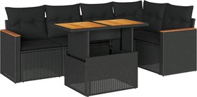 vidaXL 6 részes fekete polyrattan akácfa kerti ülőgarnitúra párnákkal