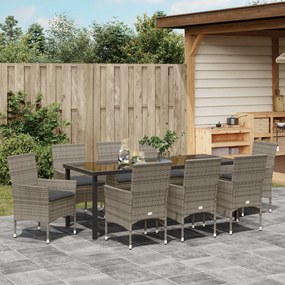 9 Fős Kerti Étkezőgarnitúra Párnákkal Szürke Poli Rattan, Kerti Asztal Fekete 200x80x73 cm Edzett Üveg