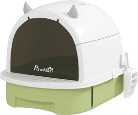 PawHut Zárt Macskaalom Tartó Macskaalom Tálca Levehető Fedéllel, Levehető Tálcával, Szénszűrővel, Lapáttal és Felülfogóval 40.5x52x39 cm Fehér és Zöld