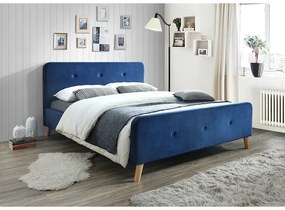 Kárpitozott ágy, kék/tölgyfa, MALMO VELVET 160X200 Matrac: Coco Maxi 23 cm matraccal