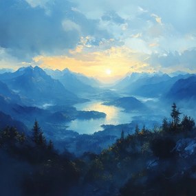 Vászonkép Canvas Tájkép Hegyek Csúcsok Fjord Tó Nap 40x40