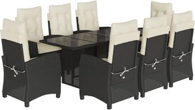 vidaXL 9 részes fekete polyrattan kerti étkezőgarnitúra párnákkal