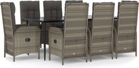 vidaXL 9 részes fekete és szürke polyrattan kerti étkezőszett párnával