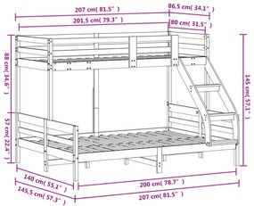 fehér tömör fenyőfa emeletes ágy 80 x 200/140 x 200 cm