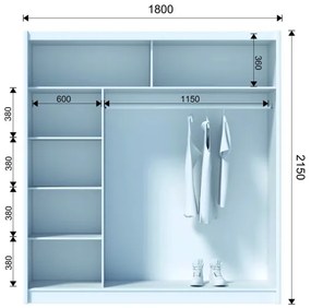 SABRINA gardróbszekrény tükörrel, 180x215 cm, fehér