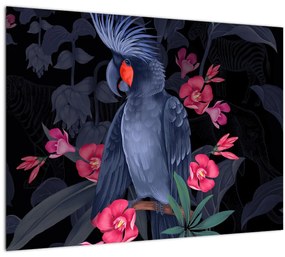 Kép - papagáj a virágok között (üvegen) (70x50 cm)
