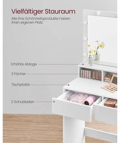 Fésülködőasztal, pipereasztal 9 LED izzóval, fehér