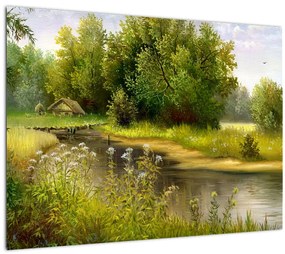 Kép - folyó az erdőnél, olajfestmény (üvegen) (70x50 cm)