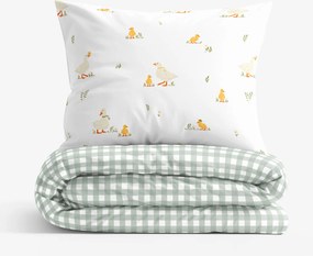 Goldea pamut ágyneműhuzat - kacsák és kockás zsálya színű 200 x 200 és 2db 70 x 90 cm