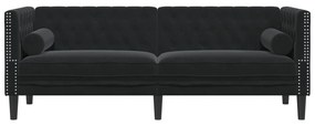 3 személyes fekete bársony Chesterfield kanapé hengerpárnákkal