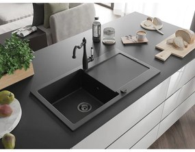 Mexen Leo, gránit mosogató 900x500x190 mm, 1 kamrás és mosogató csaptelep Carla, fekete, 6501-77-670700-70-B